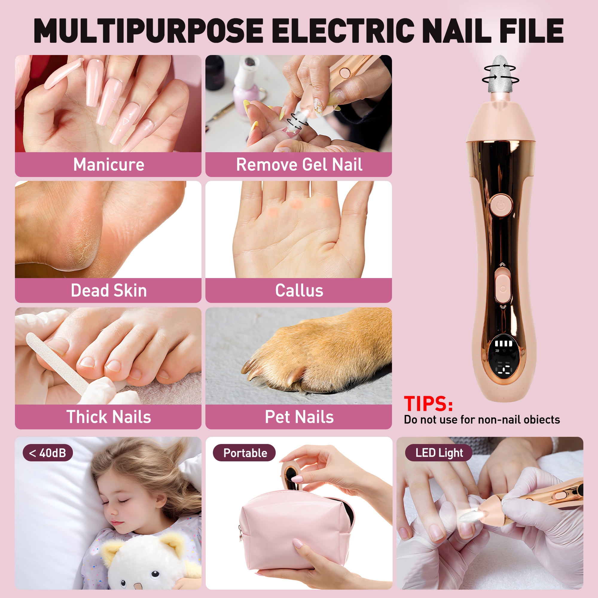 CshidWorld Cordless Electric Nail File, 10-Speed Nail Drill Kit with LED Light, Professional Portable Manicure Pedicure Tool for Thick Nails, Hand & Foot（Pink）