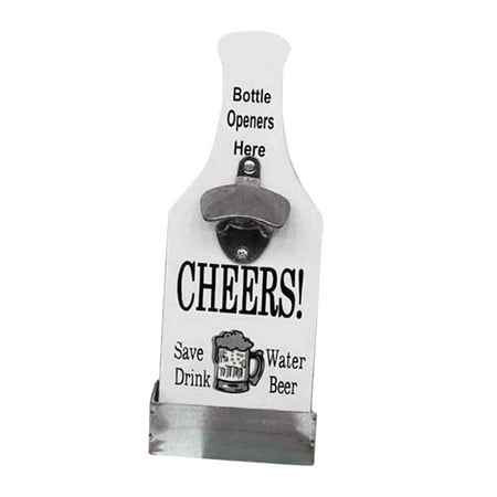

Rustic Wood Wall Mounted Wooden Bottle Opener with Cap Catcher Gift for Men & Lovers - Easy to Use - White Color