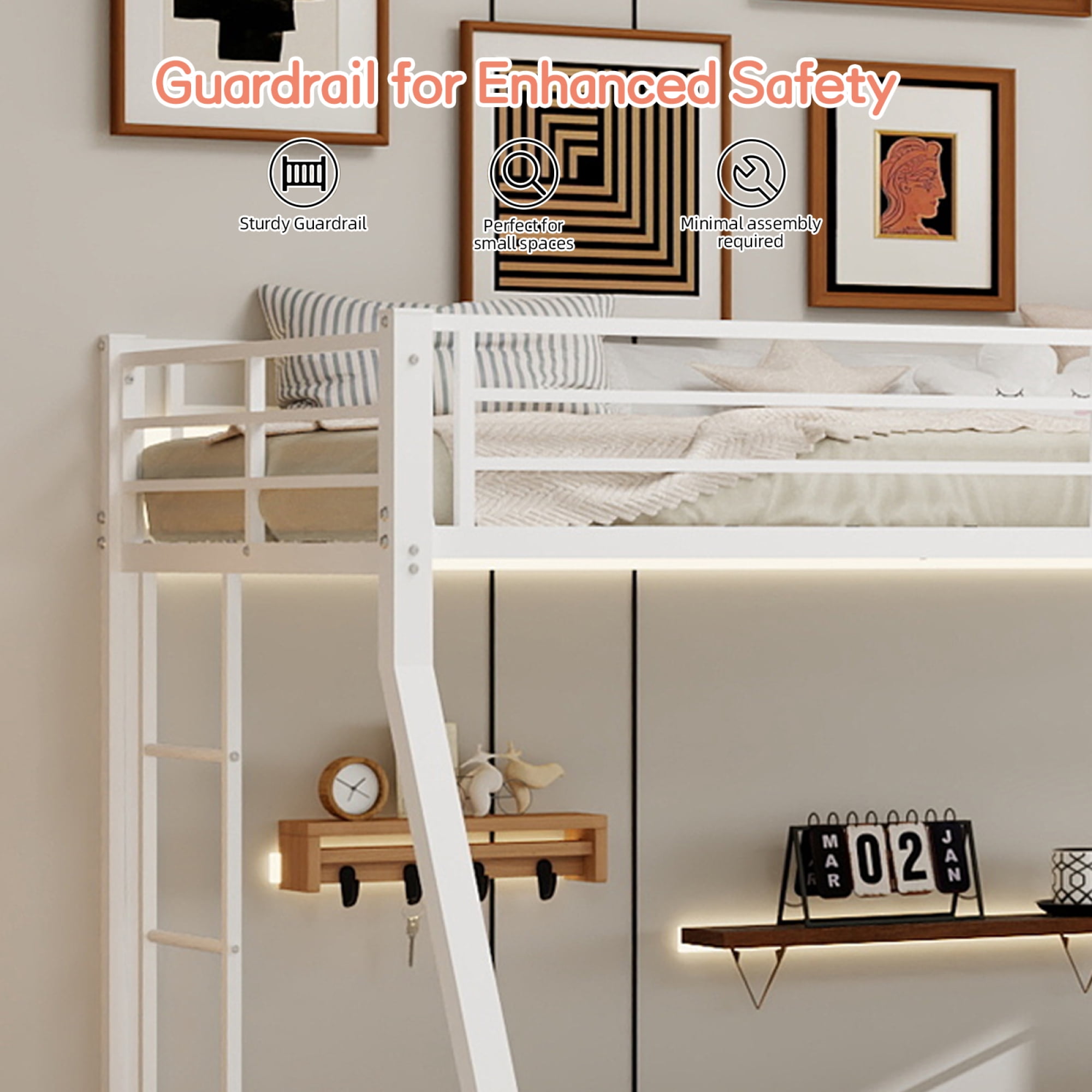 Leumius Metal Twin over Full Bunk Bed with Trundle, Space Saving Bunk Bed Frame with Ladder and Guardrails for Dorm, Apartment,White
