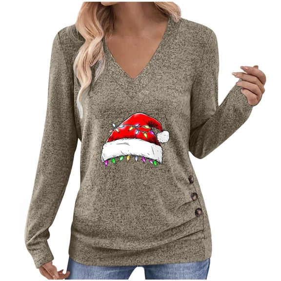 qucoqpe Women's Christmas Print Pullover, Long Sleeve Shirts for Women Casual Festive Holiday Tops