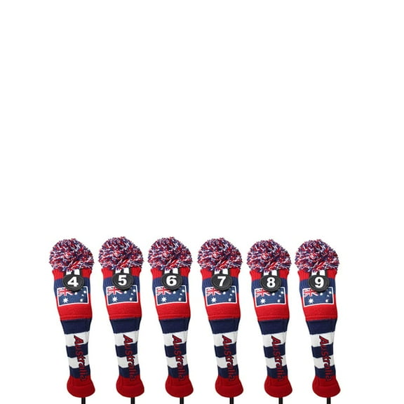 Majek Golf Australia 4 5 6 7 8 9 Hybrid Set Headcovers Pom Pom Knit Limited Edition Vintage Classic Traditional Flag Retro Head Cover 4-9 Set