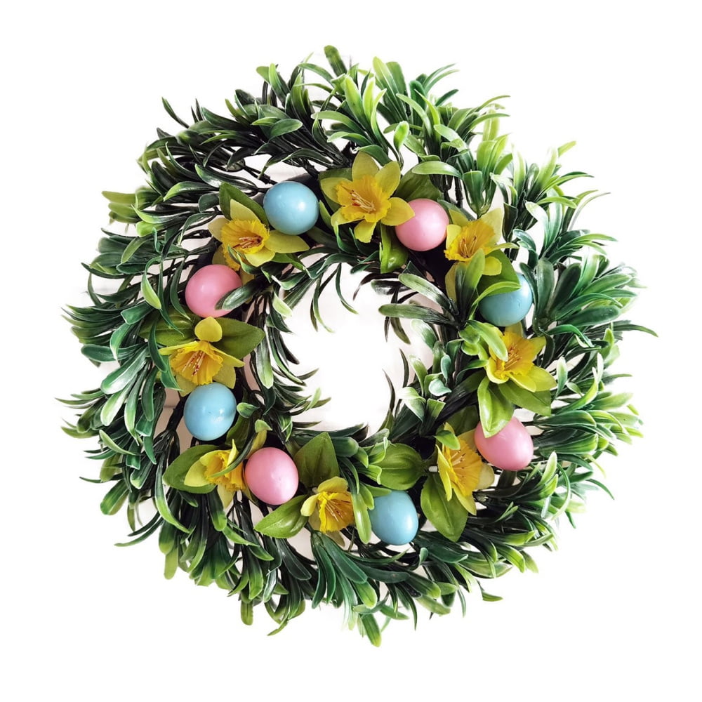 Easter Egg Wreath Lighted Flower Garland Floral Spring Wreath for Front Door Wall Easter