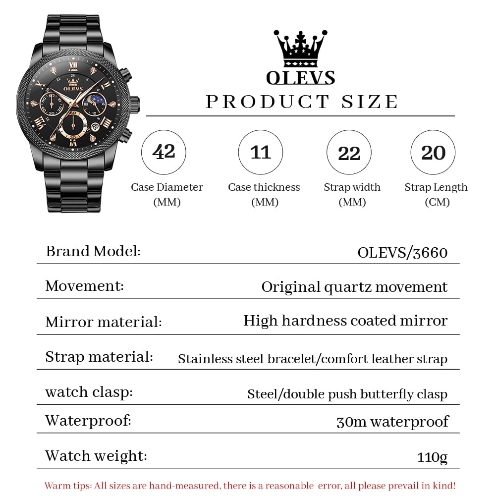 OLEVS Chronograph Watches for Men Fashion Dress Analog Quartz Moon Phase Stainless Steel Waterproof Luminous Date Luxury Mens Wrist Watches Reloj Para Hombre Rose/Black