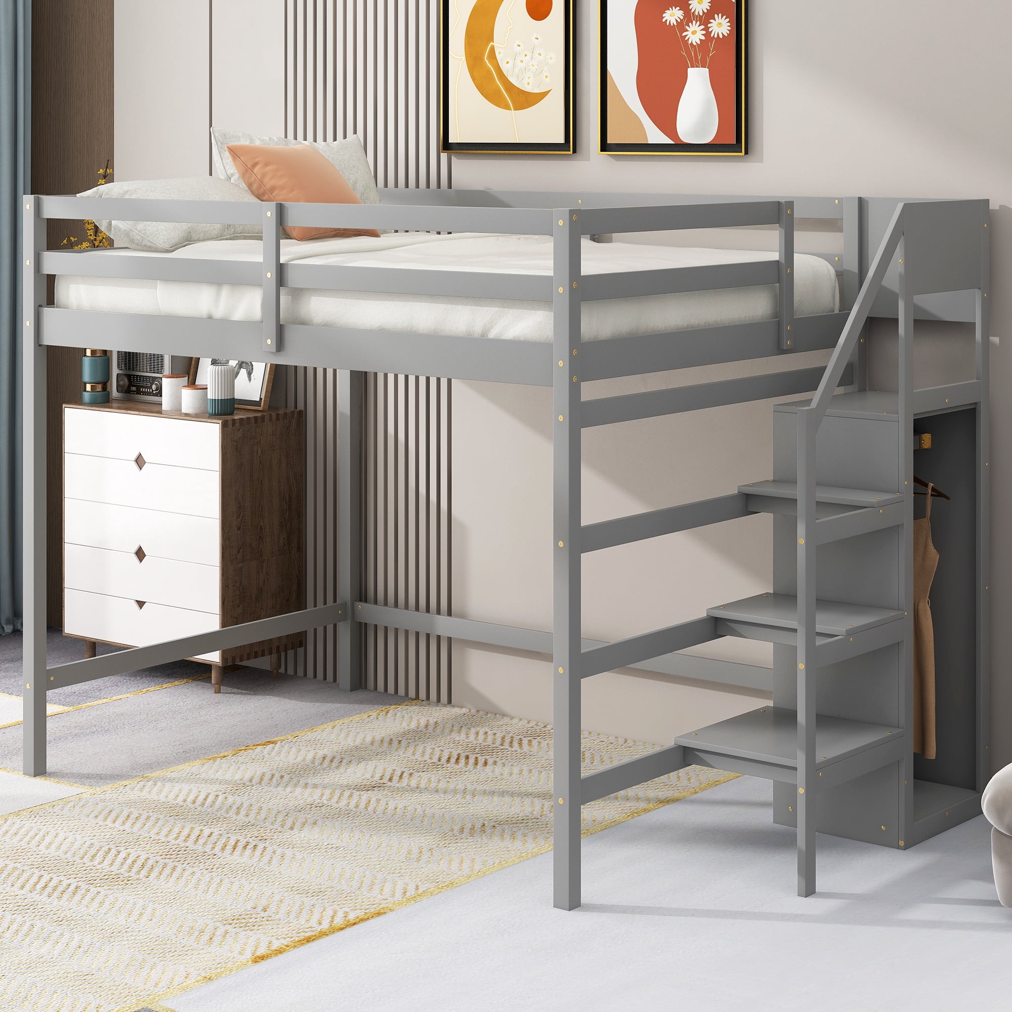 Aukfa Full Size Loft Bed with Built-in Storage Wardrobe, Staircase Wood Loft Bed for Kids Adults - Gray