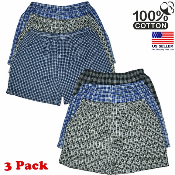 3 Pack For Mens Boxer Briefs 100% Cotton Plaid Underwear Shorts Trunk Size S-2XL