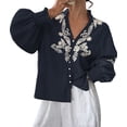 thumbnail image 3 of Women Embroidered Puff Sleeve Blouse, Vintage Floral Boho V-Neck Button Down Shirts with Smocked Cuffs Navy Blue XL, 3 of 9