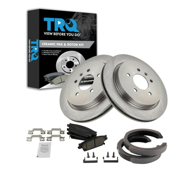 TRQ Rear Brake Pad & Rotor Kit Brake Pads Brake Rotor Parking Brake Shoe Set Ceramic Fits Select 2005-2008 Cadillac STS