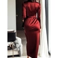 thumbnail image 4 of ZOELNIC Women's Burgundy Satin Midi Dress Elegant V-Neck Long Sleeve Bodycon Dress with Belted Waist for Parties & Formal Events, S, 4 of 5