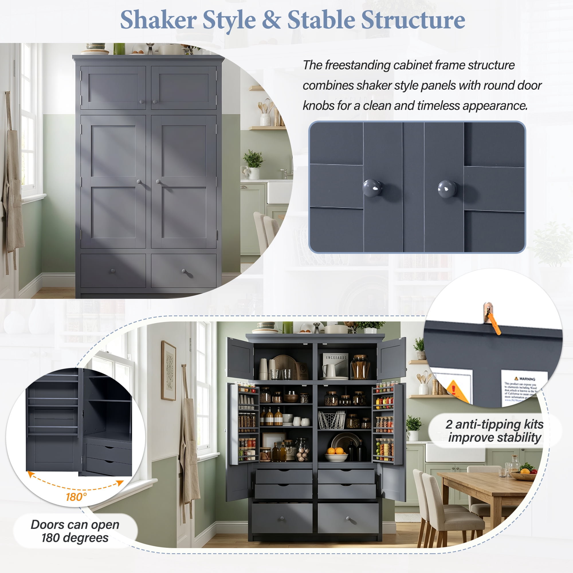 Mintazer 74.8" Tall Freestanding Kitchen Pantry Cabinet with 6 Drawers, Adjustable Shelves & 8 Side Spice Racks, Food Storage Cabinet with 4 Pull-out Trays for Dining Room, Grey