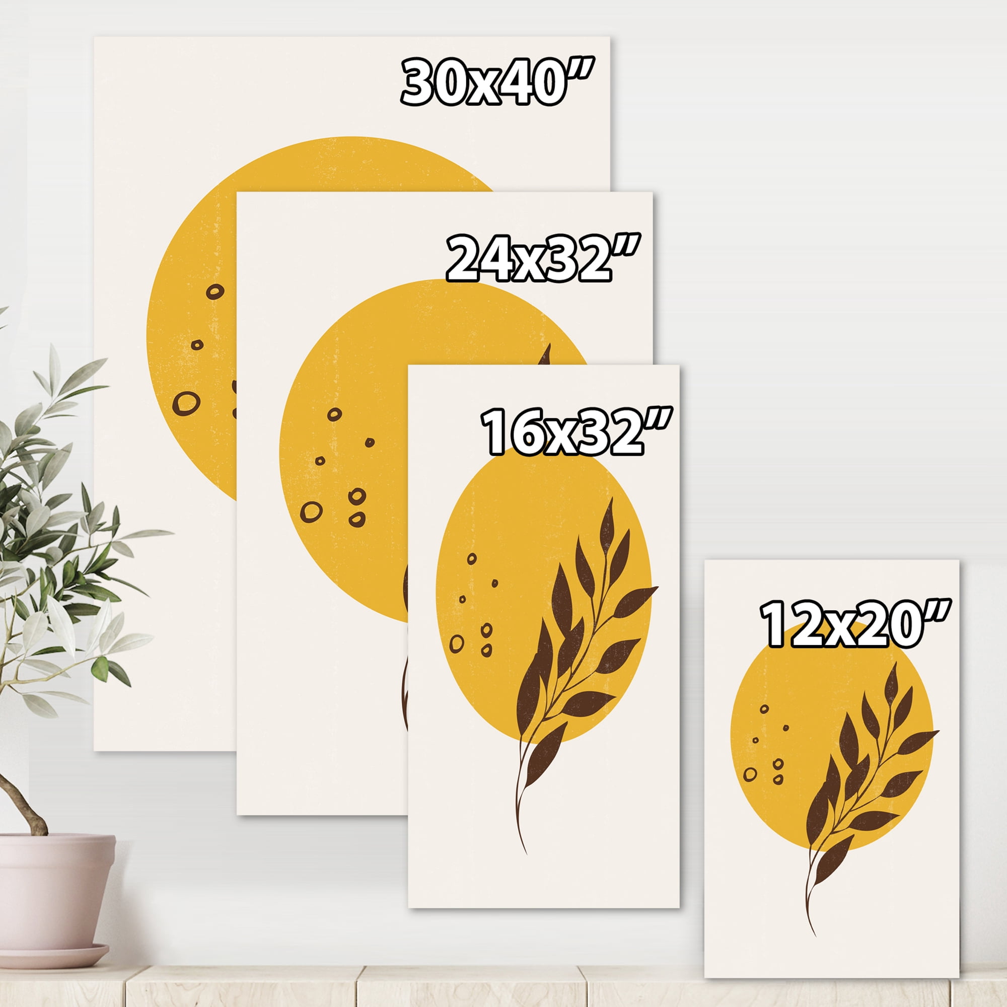 Designart ' Abstract Moon and Yellow Sun With Tropical Leaf II ' Modern Canvas Wall Art Print