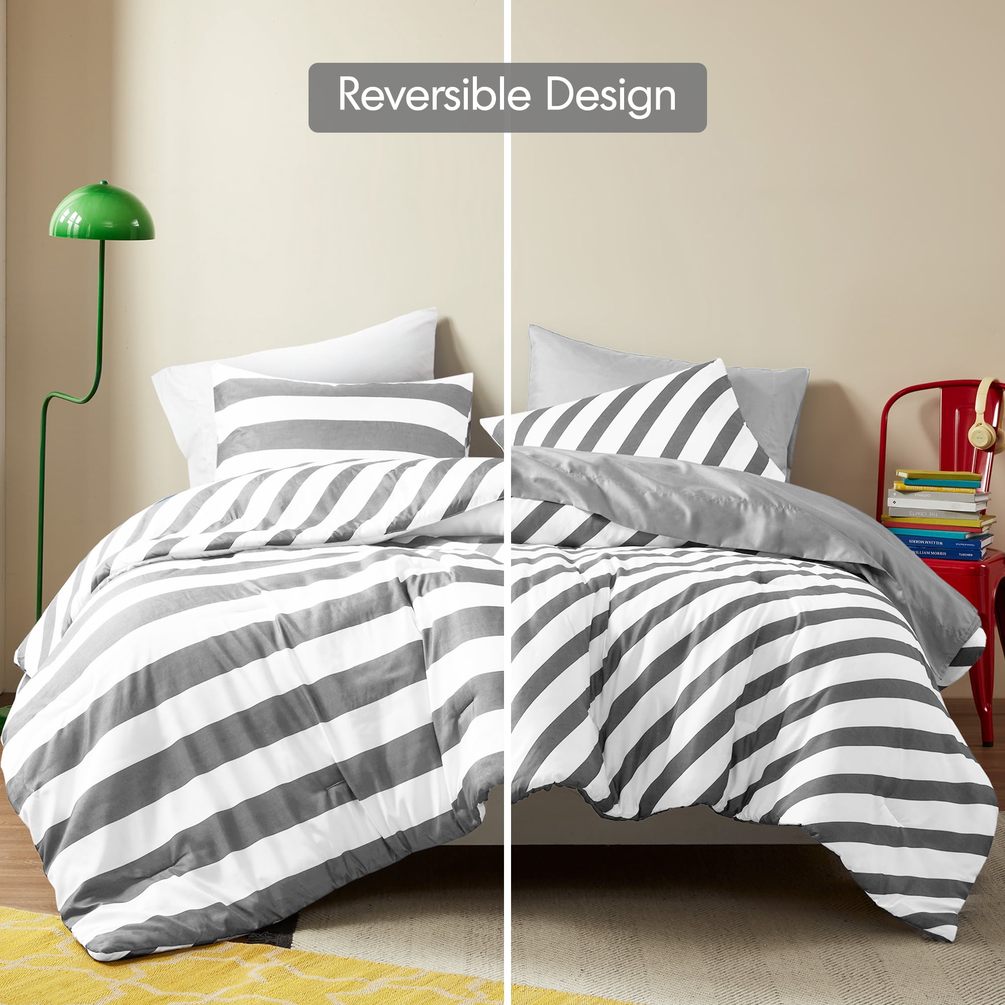 Regency Heights Essential King Size Comforter Sets, 3-Piece Bedding Set King, Reversible Striped Comforter Bed Set, Charcoal