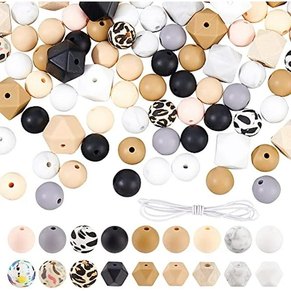 112Pcs Silicone Beads Set 5 Colors Faceted Octagon Beads and Wood Beads 4 Colors Printing Round Silicone Beads