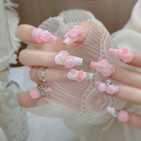 Uñas postizas Press on FIEONCIY, rosa floral, tamaño mediano, cuadradas, 24 piezas