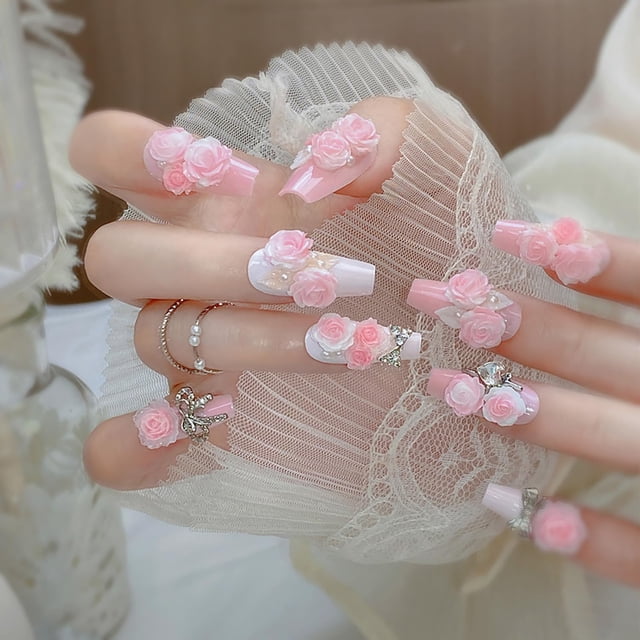 Uñas postizas Press on FIEONCIY, rosa floral, tamaño mediano, cuadradas, 24 piezas