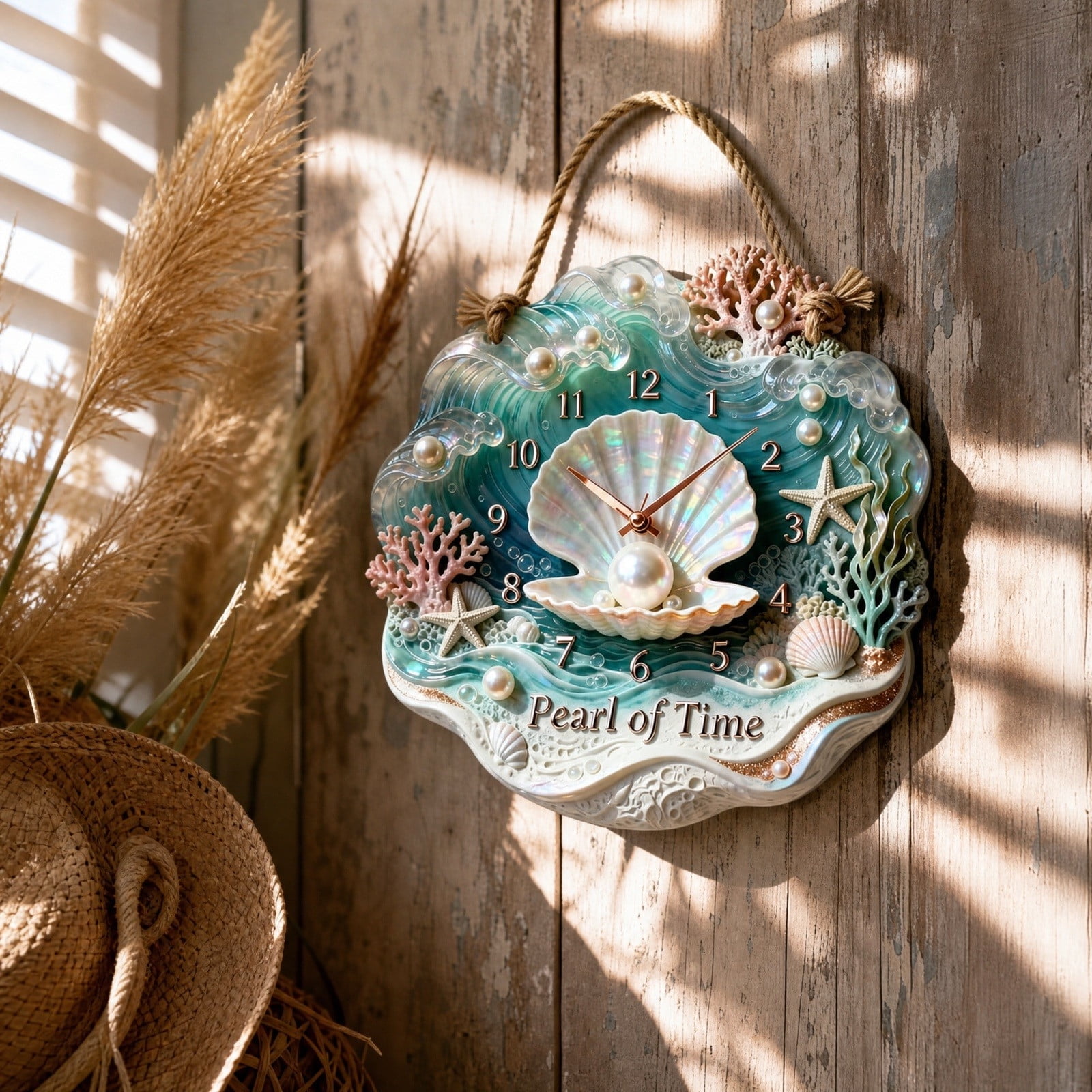 Silent Wooden Wall Clock, 12Inch Personalized 2D Flat Printing Nautical Beach Wall Clock with Rope, Coastal Wall Art Decor for Home Office