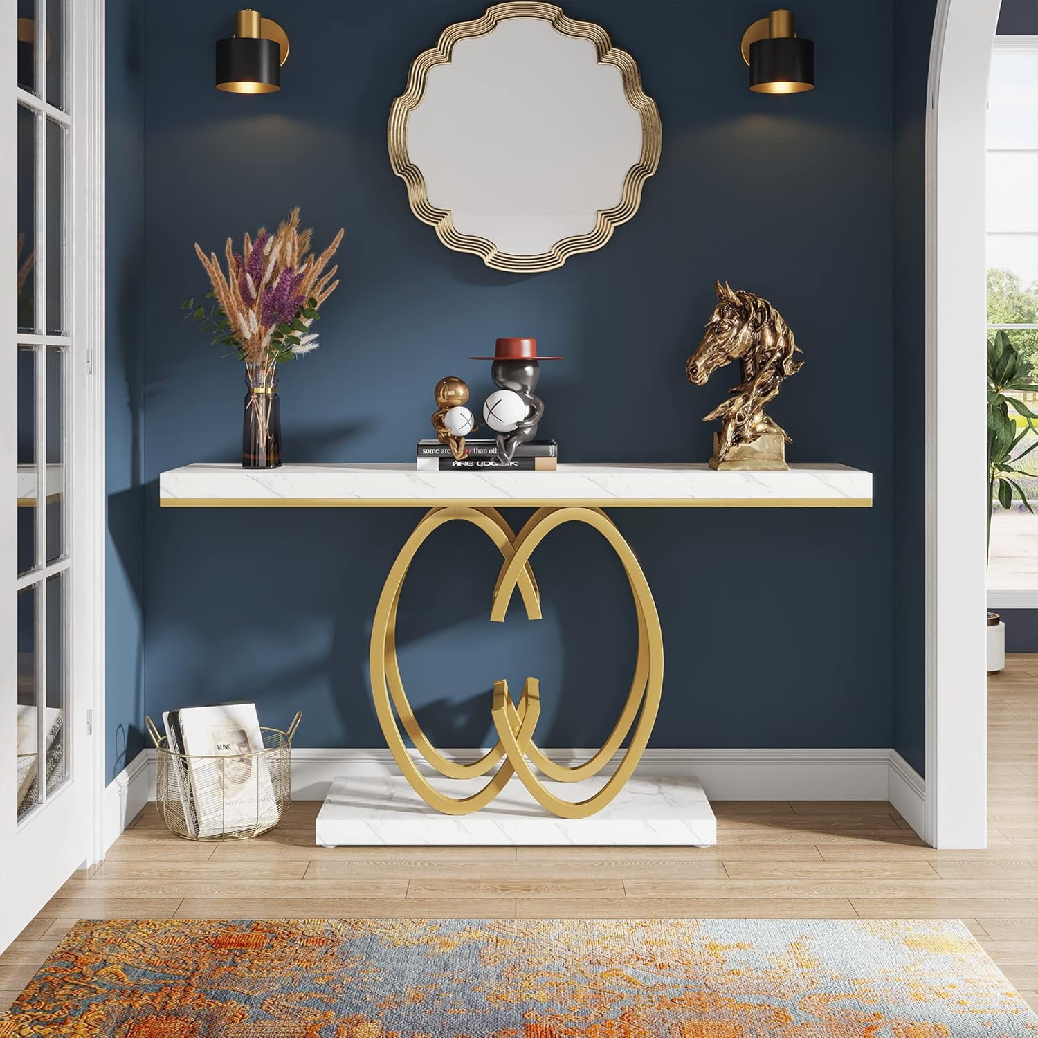 Tribesigns Modern Faux Marble Console Tables, 55.12" Narrow sofa Entryway Tables with Metal Base for Living Room, Hallway and Foyer,White & Gold