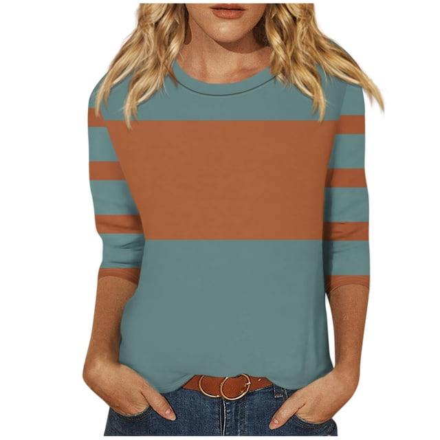 cfhntfmh Hauts pour Femmes Automne 2024 Blouses à Col Rond à Blocs de Couleur Tendance Manches 3/4 Décontractées Tunique Ample