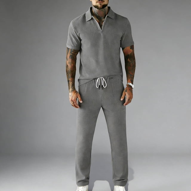 Ceisia Men's Slim Fit Corduroy 2-Piece Set Half-Zip Polo Short Sleeve T-Shirt with Elastic Waist Drawstring Pants Gifts