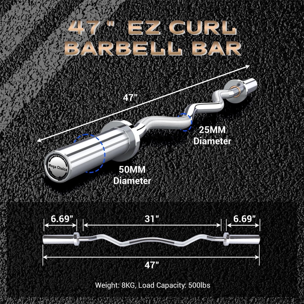 47" EZ Curl Bar for Weight Lifting, Biceps, Triceps, Back/Leg Muscle Group Exercise,Chrome Curling Bar Fit 2” Standard Weights