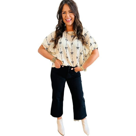 Charming Beige Bow Print Puff Short Sleeve Top for Women - [ZhiHiMeRi] | (US 12-14)L