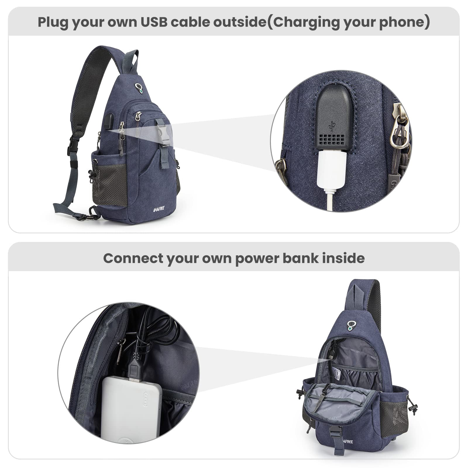 G4Free Canvas Sling Bag Crossbody Backpack with USB Charging Port & RFID Blocking, Hiking Daypack Chest Bag for Women Men