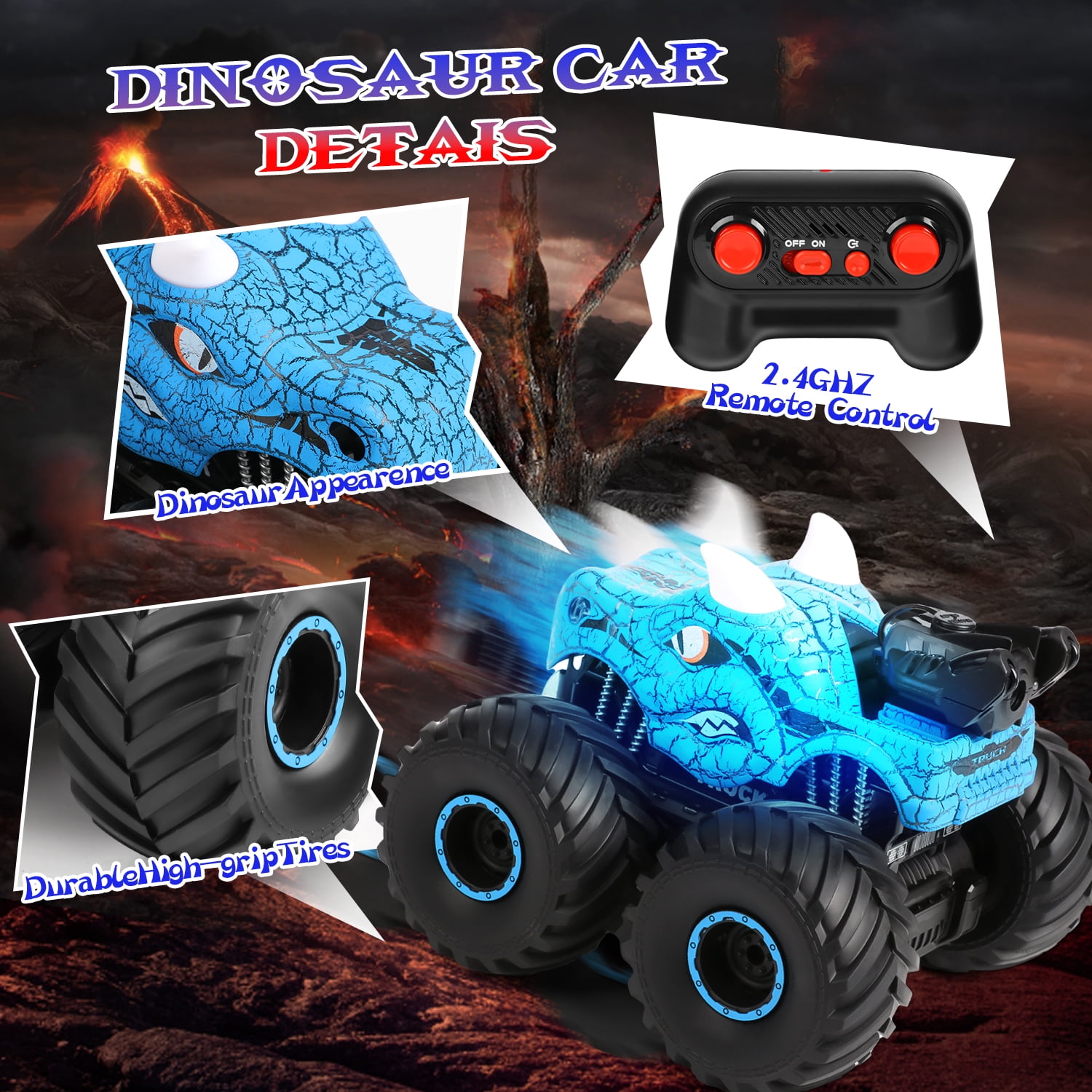 Huge Wave Dinosaur Remote Control Car, 2.4GHz RC Monster Trucks Toys with Spray, Light & Sound, All Terrain RC Cars Toys Christmas Birthday Gift,Blue