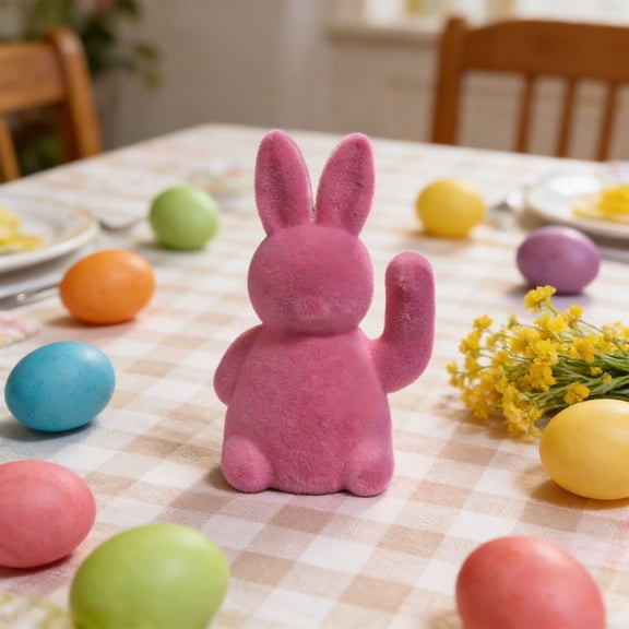 Pink Flocked Easter Bunny Figurine Velvet Decor Cute Gift for Spring Home Table Decoration(Hot Pink)