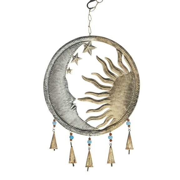DecMode 19" Gold Metal Sun and Moon Windchime with Glass Beads and Cone Bells