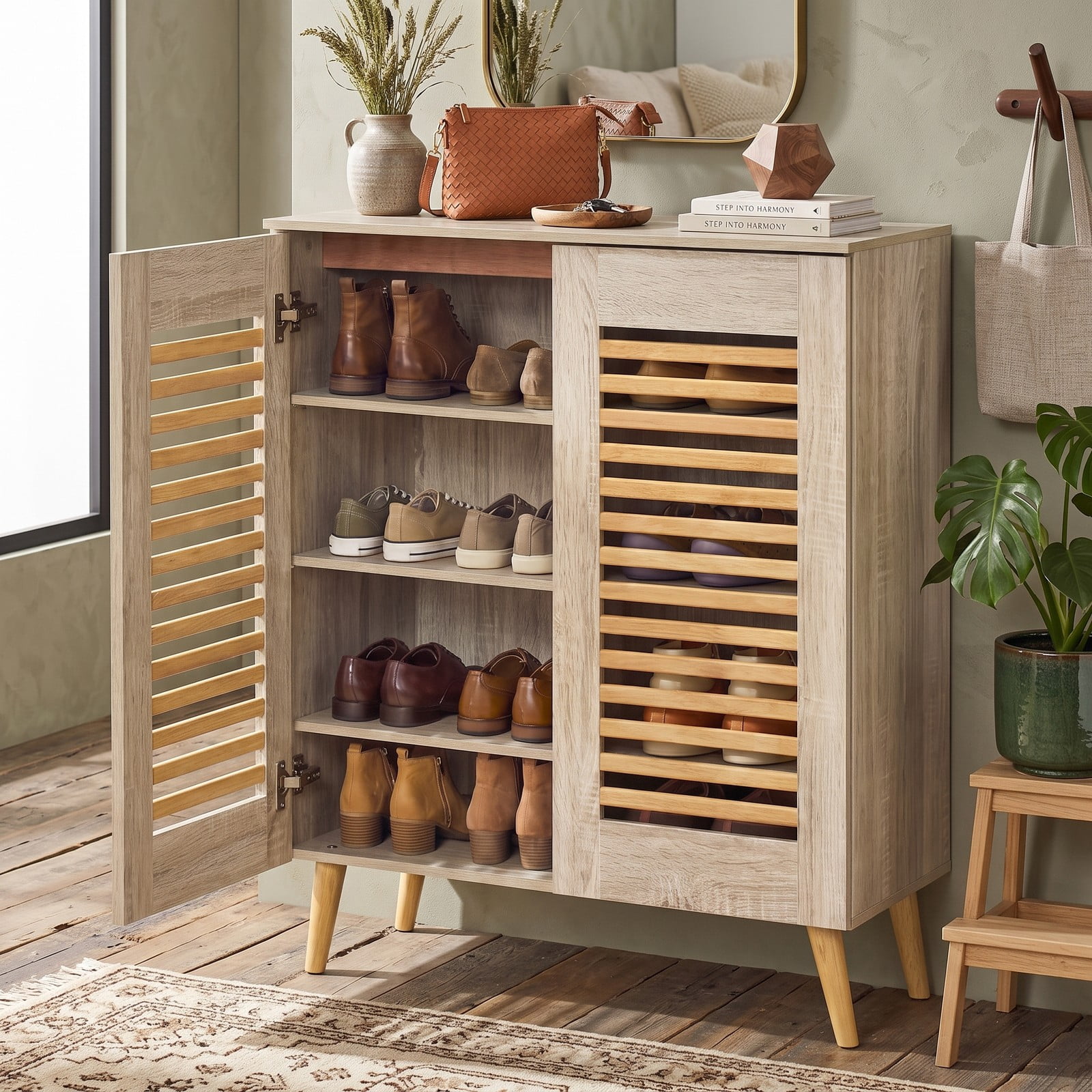 Furnibear Shoe Cabinet with Louvered Doors and 3 Removable Shelves for Entryway Closet and Hallway Shoe Storage Organizer, Natural