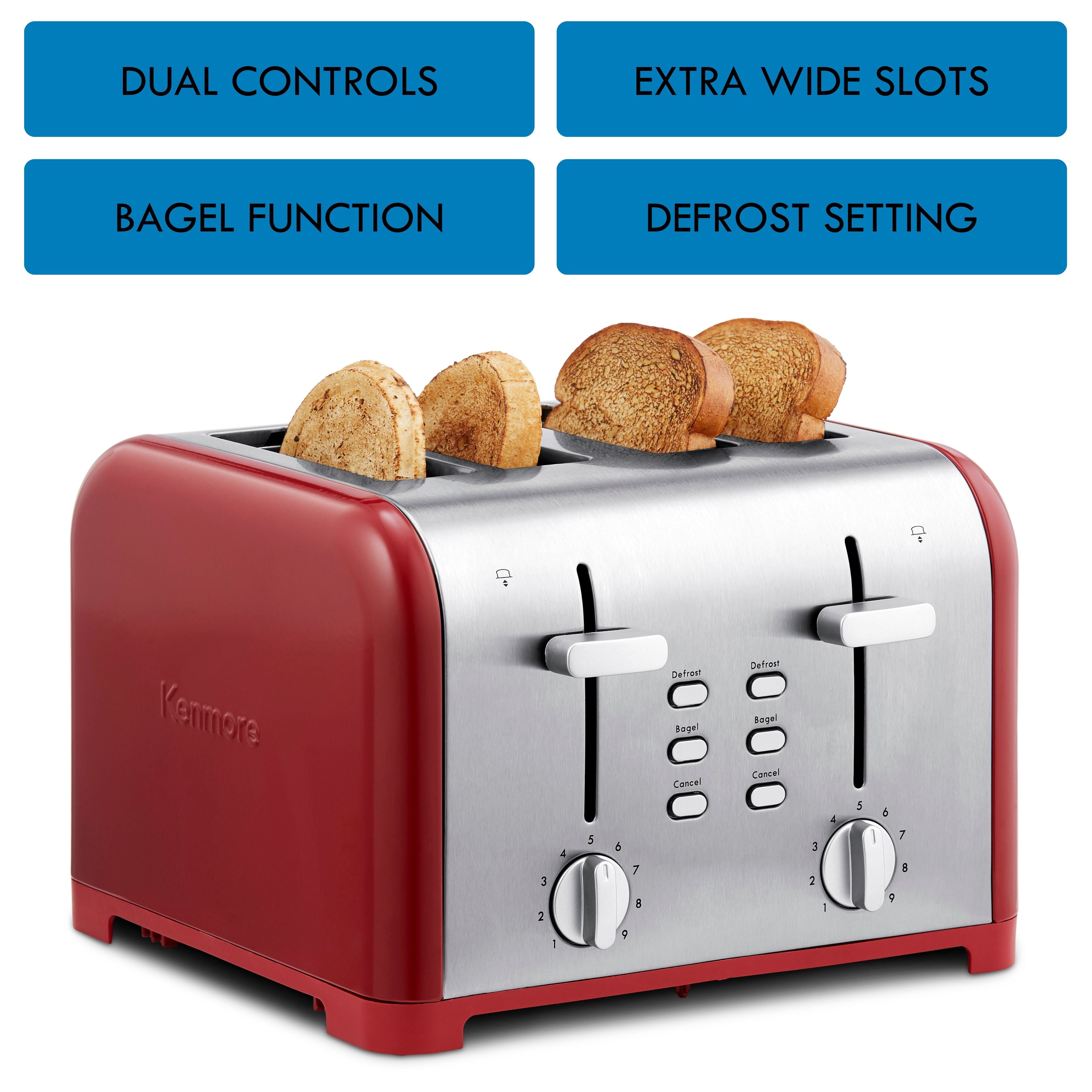 Kenmore 4-Slice Stainless Steel Toaster, Dual Controls, Extra Wide Slots, 9 Browning Levels- Red & Silver