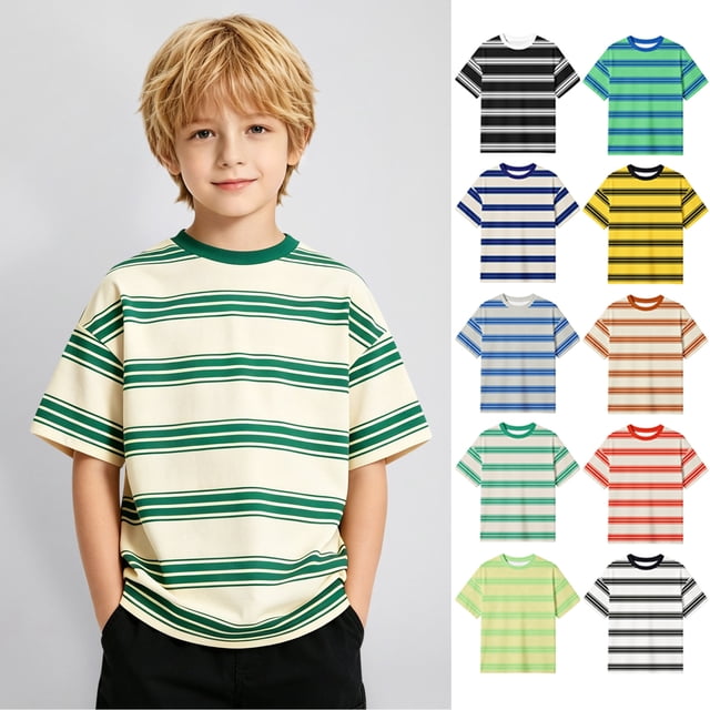 WENXIAOO Chemise à Manches Courtes Rayée pour Garçons, Col Rond Décontracté, Haut Basique d'Été, Taille 3T-13Y