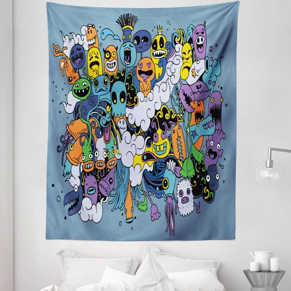 Indie Tapestry, Group of Funky Monsters Society Different Expressions Abstract Groovy Doodle Style, Fabric Wall Hanging Decor for Bedroom Living Room Dorm, 5 Sizes, Multicolor, by Ambesonne