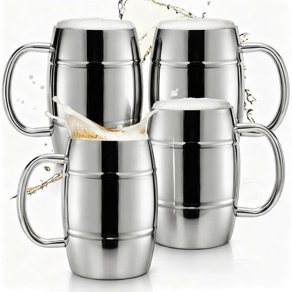 4 Pack Stainless Steel Barrel Mugs, 15 OZ Double Walled Beer Stein with Strong Handle, Heat Insulated Metal Drinking Cup, Coffee Tea Camping Travel Tumblers for Hot or Cold Beverages