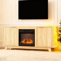 Zimtown 58" Modern Fluted TV Stand with Fireplace for 60/65" TVs, Entertainment Center with Electric Mantel  2 Doors Cabinet, Natural