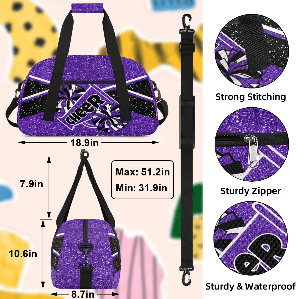 Herdesigns Cheer Bag Sports Duffle Bags Cheerleader Purple Gym Bag Weekender Travel Bag Waterproof Overnight Bag Carry On Travel Tote Bag Dance Bags