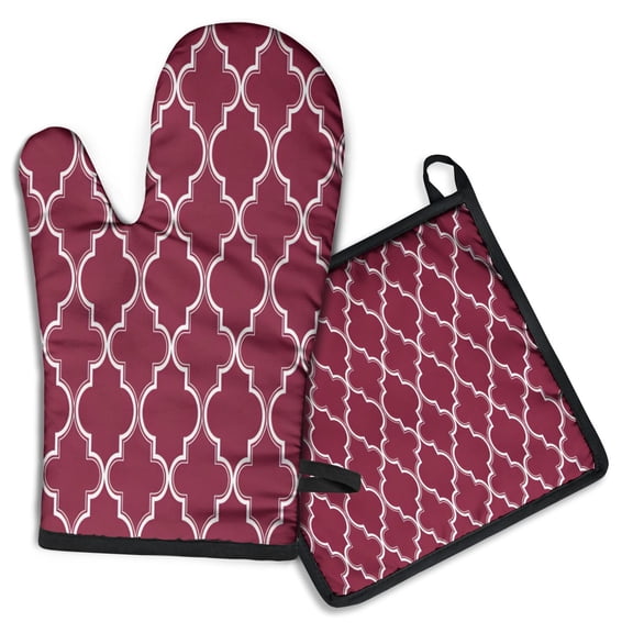Burgundy Geometric Quatrefoil Pattern Kitchen Oven Mitt and Pot Holder Sets 2 Pcs for Baking, Cooking and Grilling, Heat Resistant Up To 392 °F