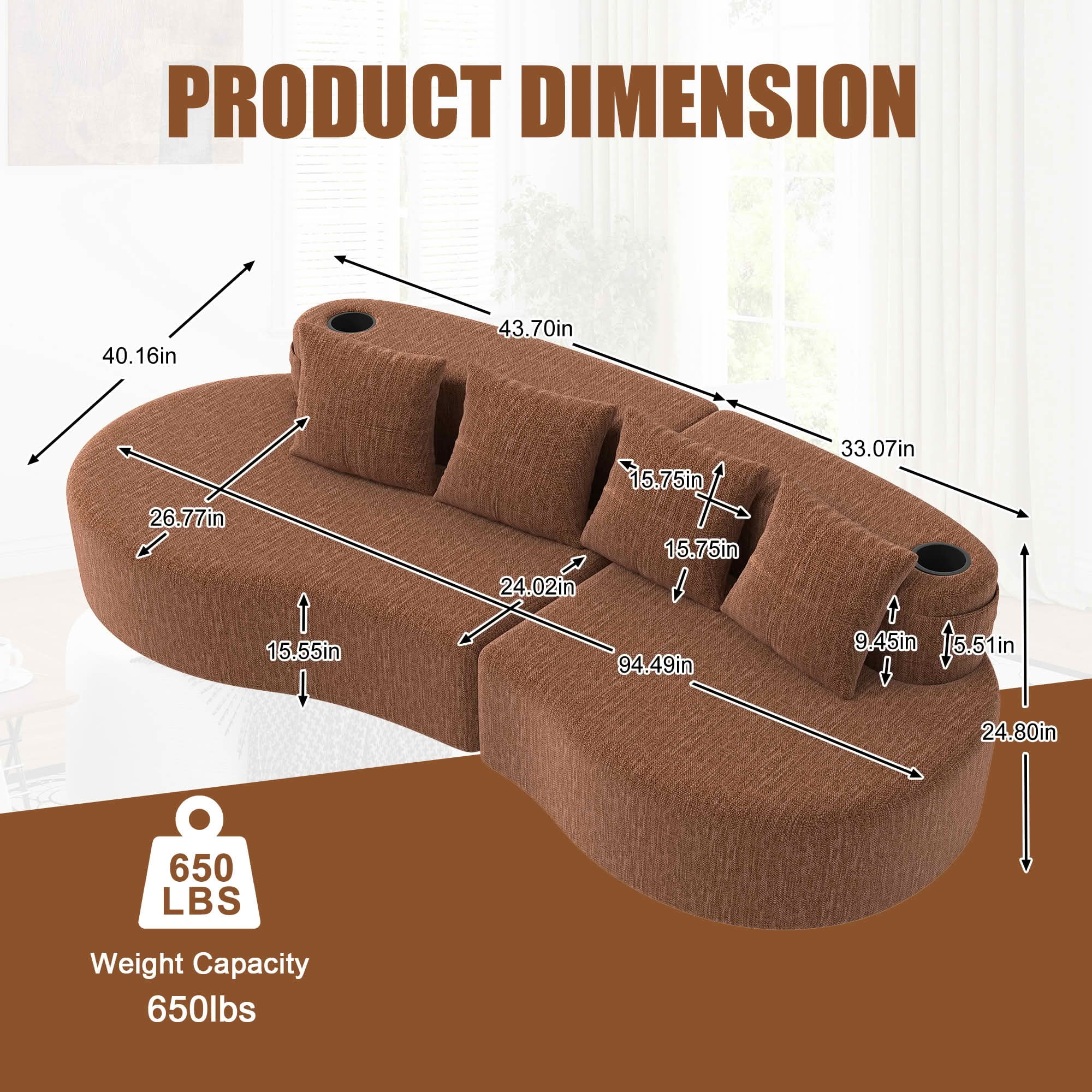 MAYEERTY Curved 3-Seat Modular Sectional Sofa, Minimalist Half Moon Chenille Couch for Living Room & Apartment