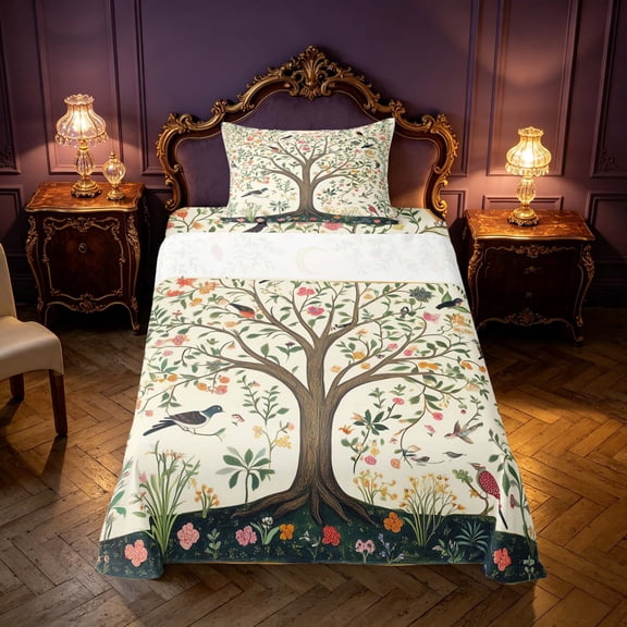 Homewish Tree of Life Flower Twin Sheets, Botanical Animal Theme Bedding, 3 Pieces, 1 Flat Sheet, 1 Fitted Sheet and 1 Pillowcase