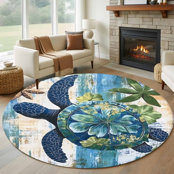Round Rugs 5Ft, Sea Turtle Coastal Round Area Rug Washable Indoor Throw Carpet, Nautical Beach Summer Retro Soft Non Slip Circle Rug for Cabinet Bathroom Home Decor Aesthetic