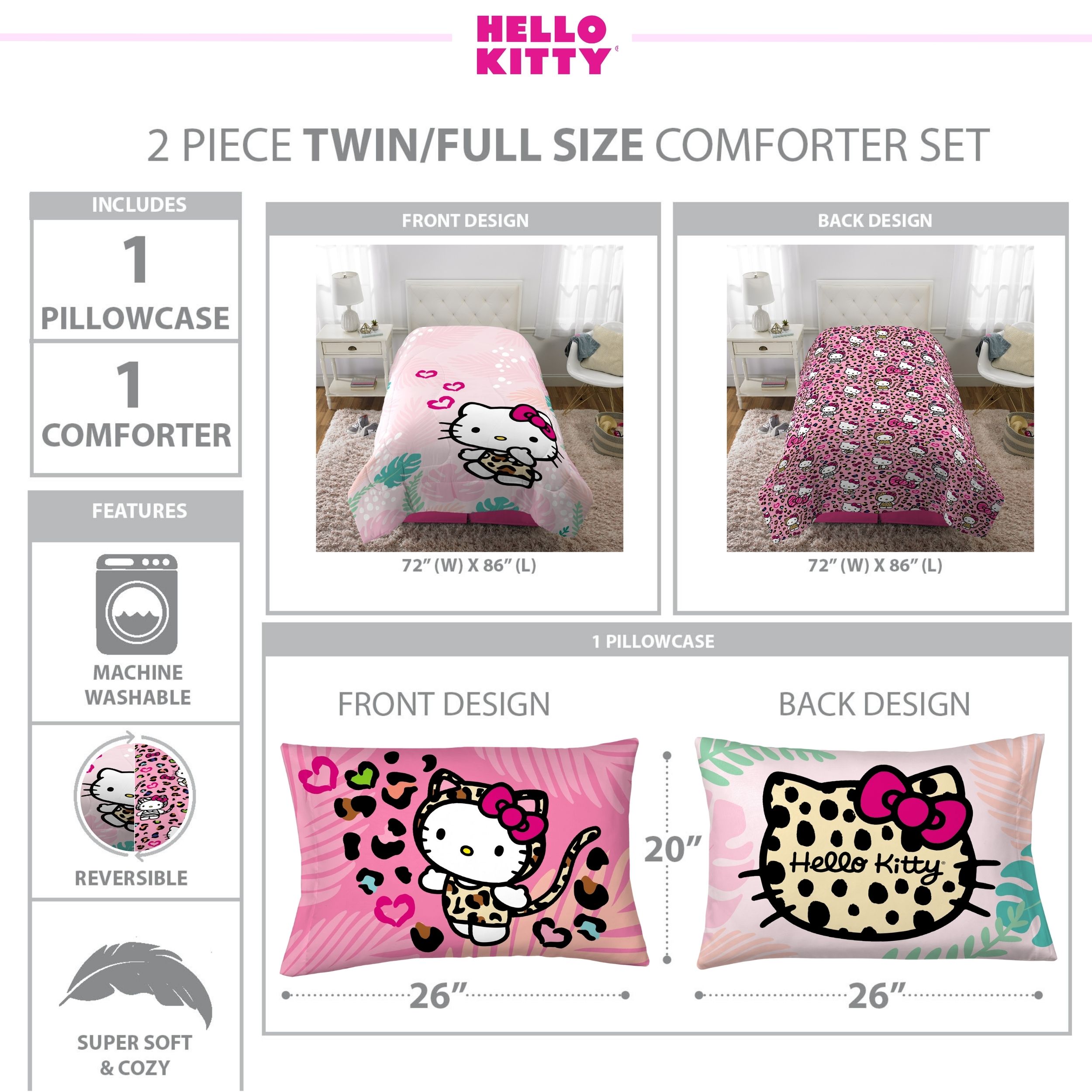 Hello Kitty 2-Piece Kids Reversible Comforter Set, Twin/Full, Pink photo 6