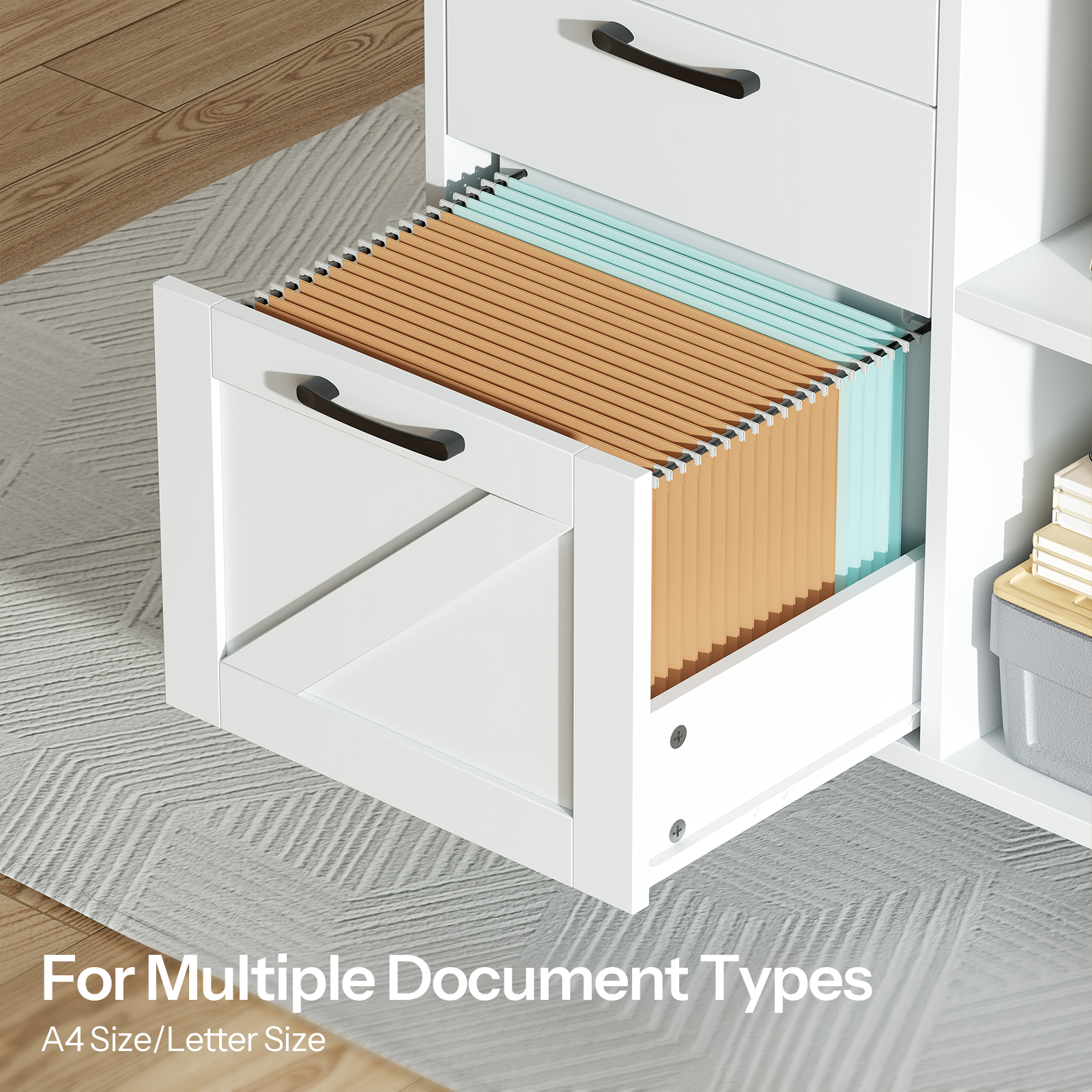 HOOBRO Farmhouse Lateral File Cabinet with 3 Drawers, Door & Charging Station, White
