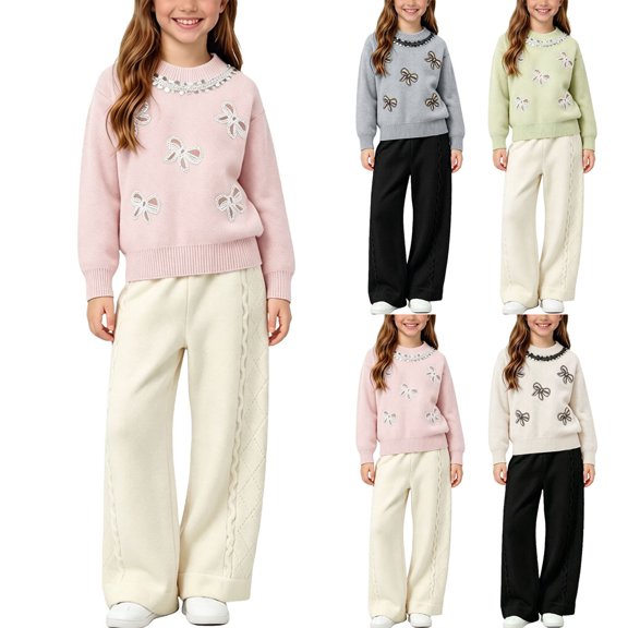 BXJX Girls Knitted Outfit Sets 2 Piece, Spring Fall Long Sleeve Crew Neck Cute Sweaters and Wide Leg Pants Sets Pink Size 8 T