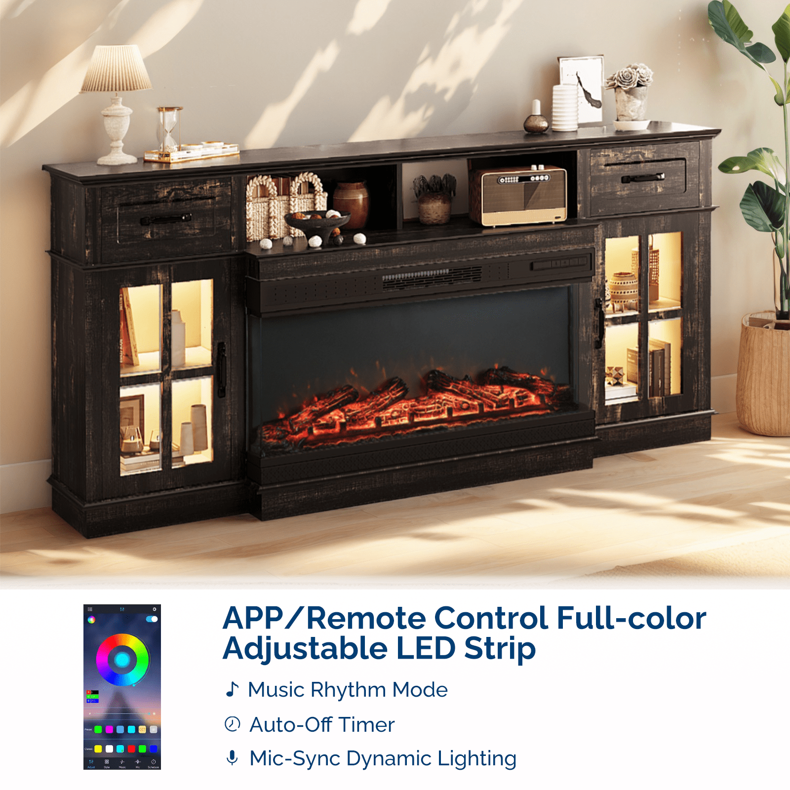 Ktaxon Modern 70" TV Stand with Fireplace, Entertainment Center with 36in Heater for 55/60/65/70" TVs with 2 Doors, Drawers & Shelves, Black Oak