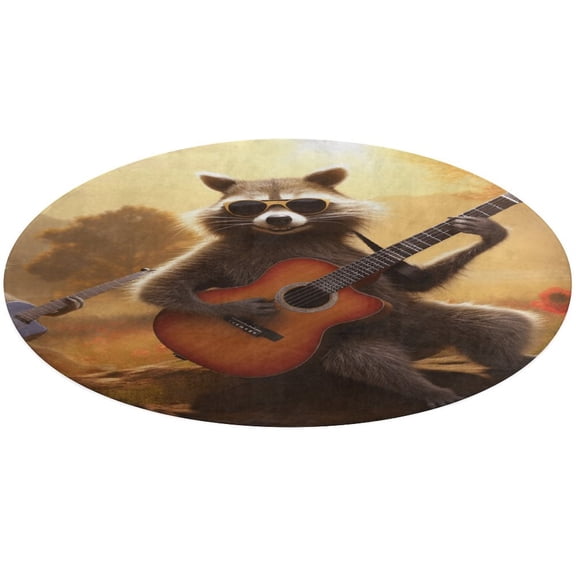 Raccoon Playing Guitar Soft Bedroom Round Area Rug, Washable Cute Nursery Circle Throw Mat, Non-Slip Contemporary Small Low Pile Floor Carpet for Dorm Bedside