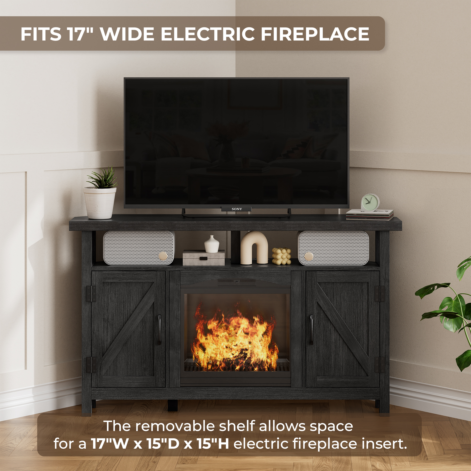 StorageWorks Farmhouse Corner TV Stand for TVs up to 60", Entertainment Center with Sliding Barn Doors and Storage Cabinets, Antique Black