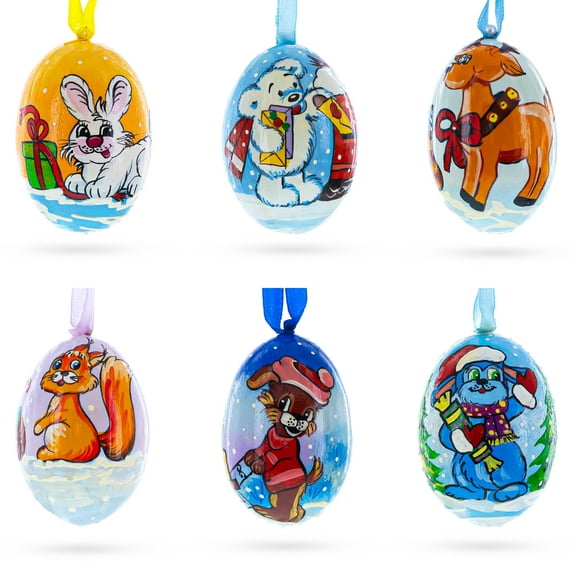 Set of 6 Bunny, Reindeer, Dog and White Bear Wooden Christmas Ornaments 3 Inches