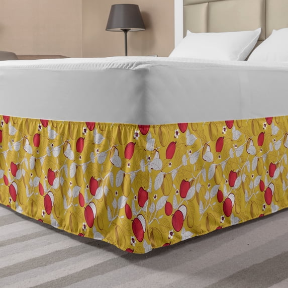 Fruit Bed Skirt, Pattern with Leaves Figs and Flowers, Elastic Bedskirt Dust Ruffle Wrap Around for Bedding Decor, 4 Sizes, Dark Coral Earth Yellow, by Ambesonne