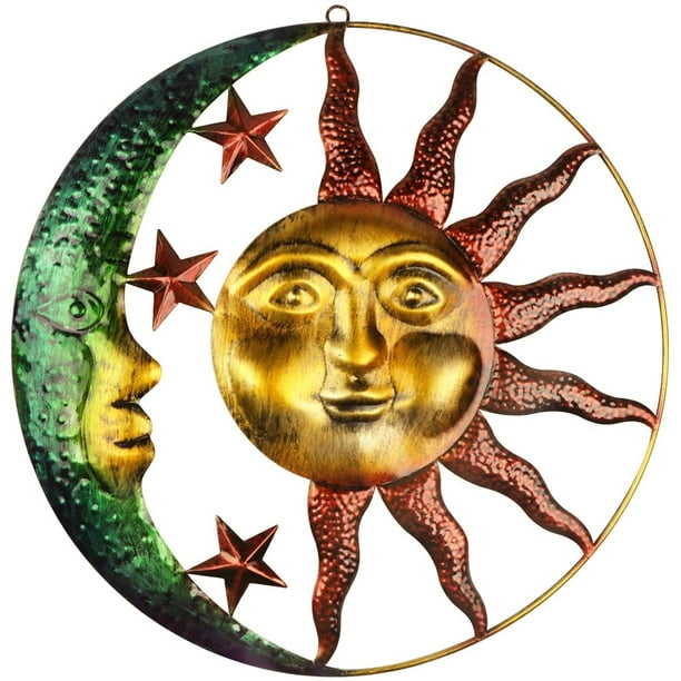 11.4Inch Grand Métal Soleil et Lune Décoration Murale Extérieure