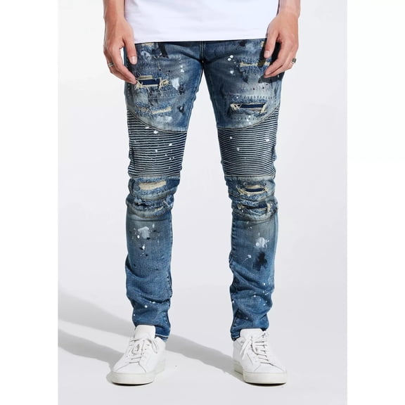 Embellish NYC Men's Moto Biker Rip & Repair Distressed Skinny Fit Denim Jeans (30, Indigo Blue)