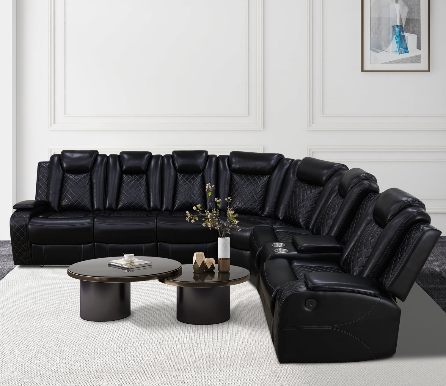 Recliner Sofa Sectional Couches with LED Light for Living Room,Leather Reclining Corner Sectional Sofa with 3 Recliner Seats,Cup Holder,Storage Console for House/Home Theater, Black